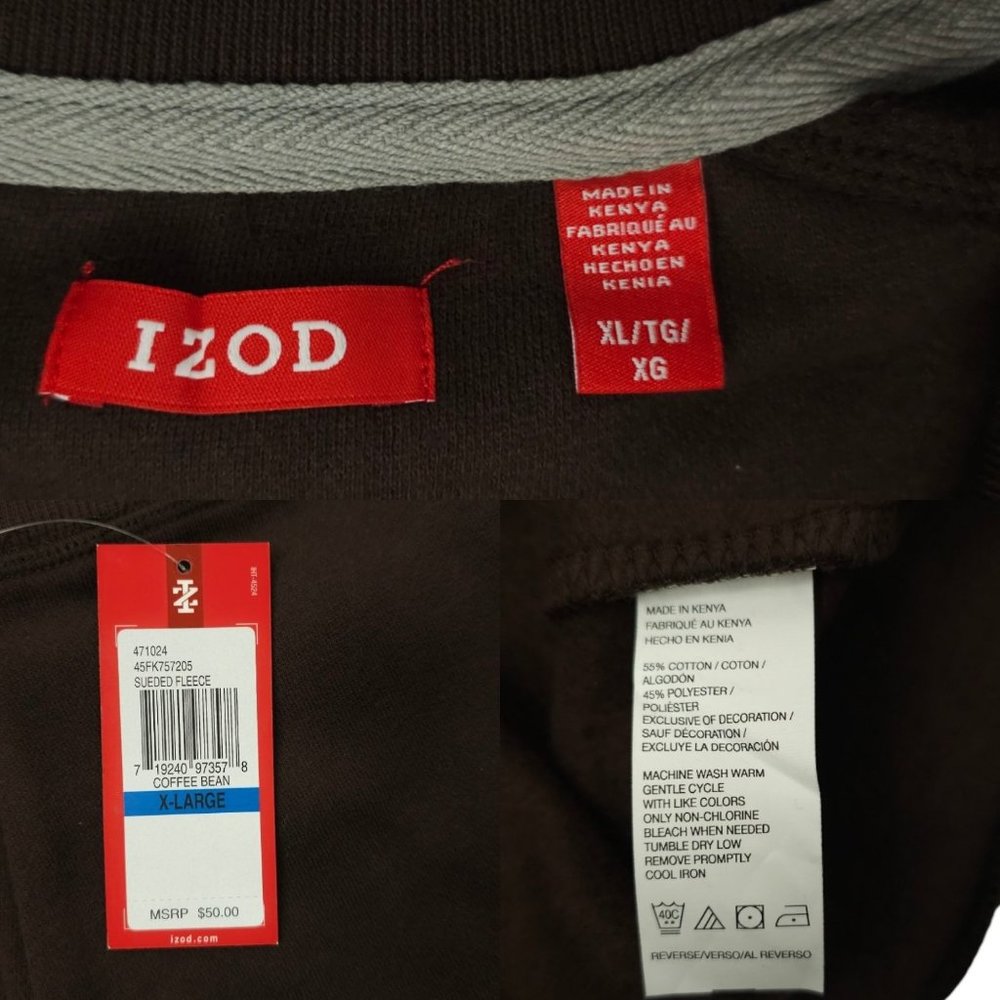 Izod Quarter Zip Sueded Fleece Pullover Sweater Sweatshirt Mens XL Brown NEW - Picture 7 of 15